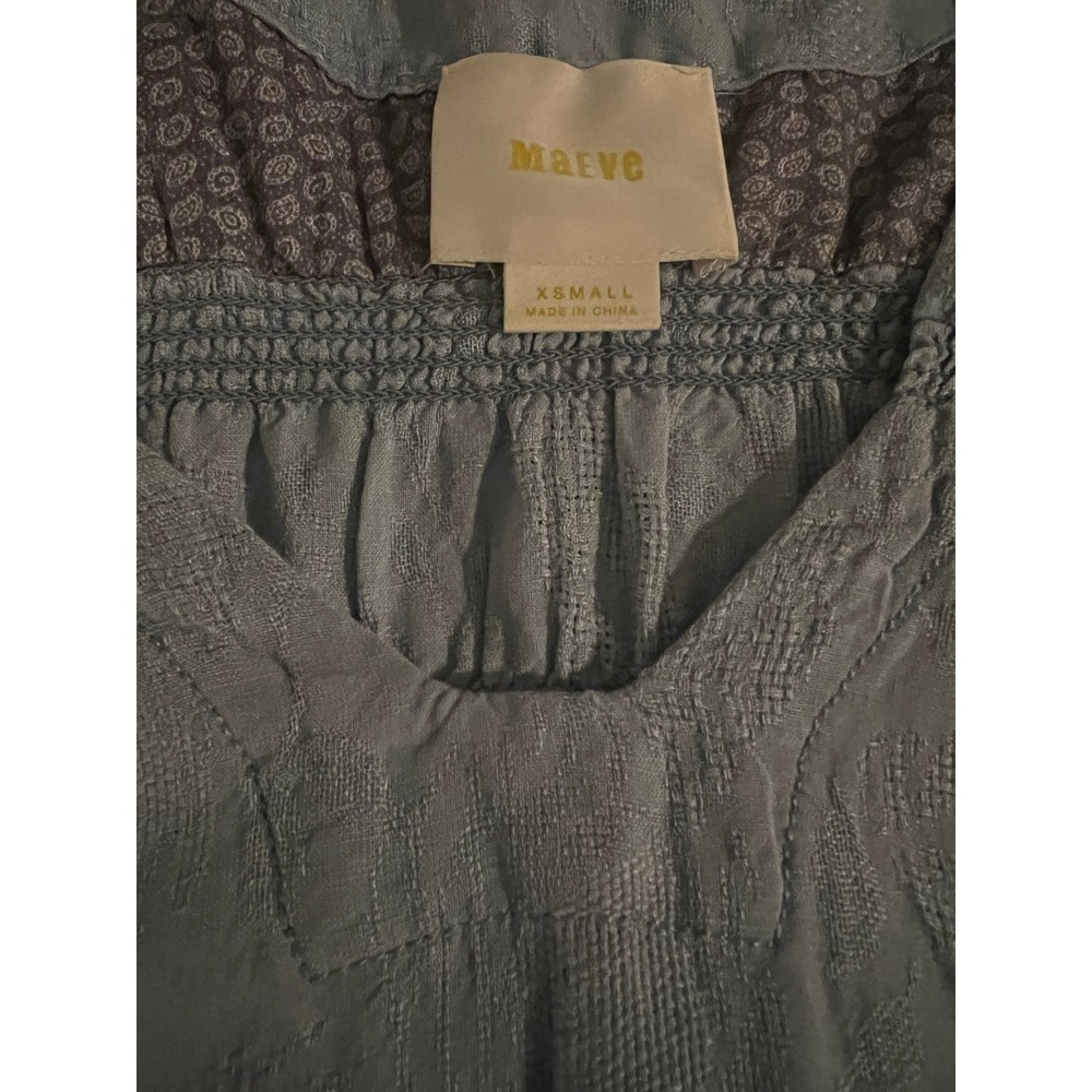Maeve Anthropologie Blue Linen Smocked Jacquard Shift Dress V-Neck Pockets XS - Picture 3 of 4